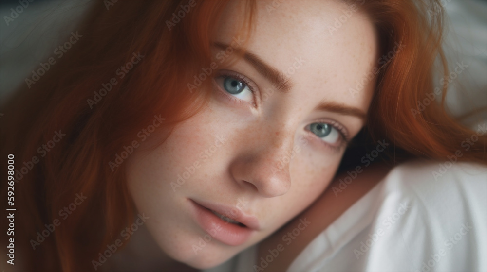 portrait of young woman with red hair, ginger, lying in bed looking into the camera with intense look, generative AI, illustration portrait of young woman with red hair, ginger, lying in bed looking into the camera with intense look, generative AI, illustration