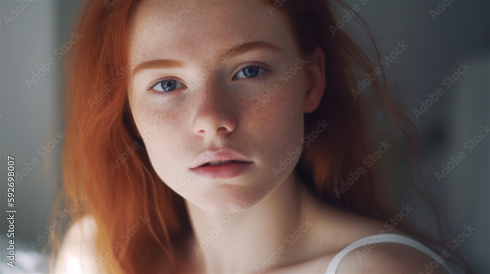 portrait of young woman with red hair, ginger, lying in bed looking into the camera with intense look, generative AI, illustration portrait of young woman with red hair, ginger, lying in bed looking into the camera with intense look, generative AI, illustration