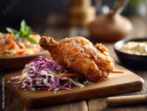 Mouth-watering close-up shot of crispy fried chicken. photo