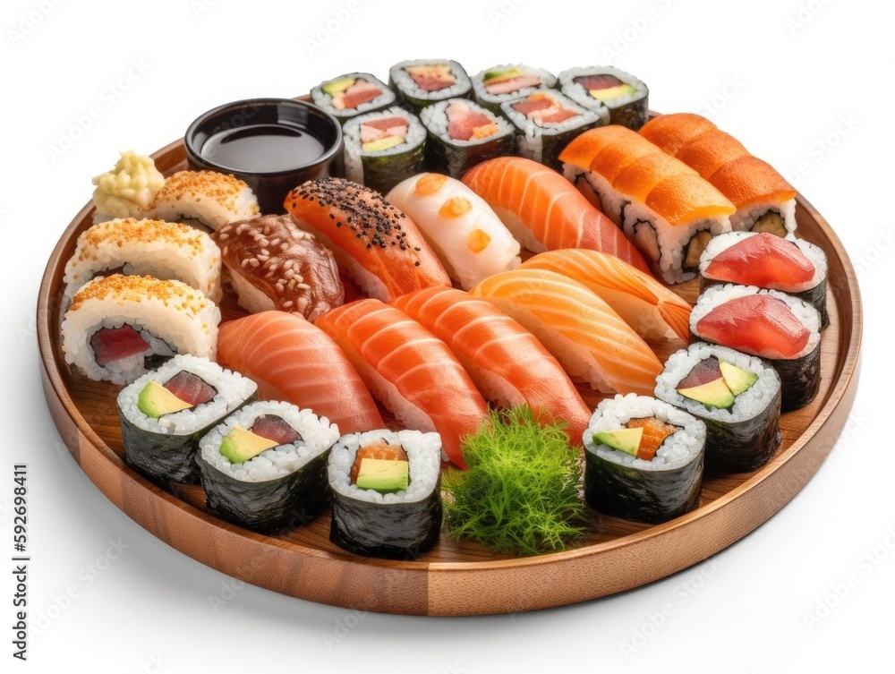 A Delicious Sushi Platter That Will Make Your Mouth Water, Perfectly Plated From Top to Bottom with a Stunning Bottom Right Shot. A Delicious Sushi Platter That Will Make Your Mouth Water, Perfectly Plated From Top to Bottom with a Stunning Bottom Right Shot.