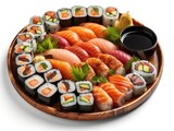 Mouth-watering sushi plate, top-down shot.