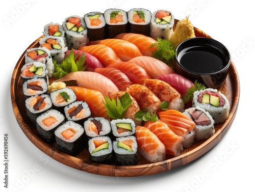 Mouth-watering sushi plate, top-down shot.