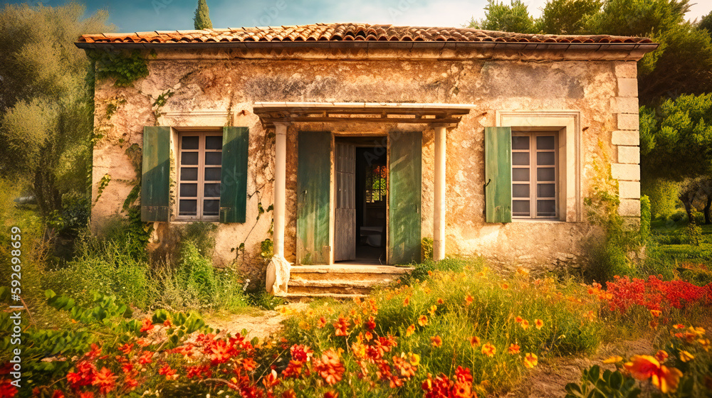 A serene image of a charming summer villa nestled in a blooming garden and ancient olive grove