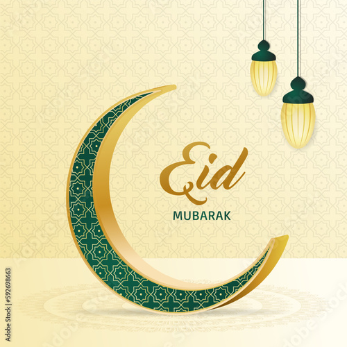 Eid Mubarak Golden Green Background Greeting and Wishes with Beautiful 3D Moon and Arabic Pattern for Promotional Advertise