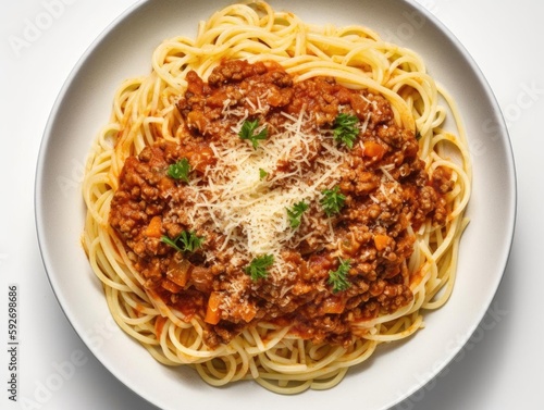 Photograph of spaghetti bolognese with drop  standard size.