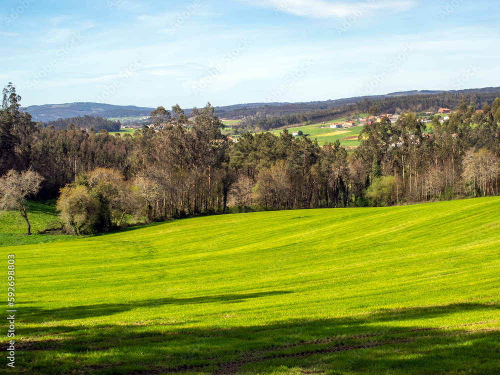 Bonito paisaje primaveral de la Galicia verde. A Coruña, España.