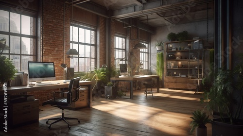 Modern Office Interior in Loft Industrial Style, Generative AI © vipcrew