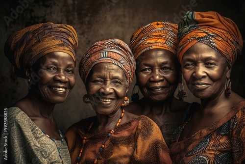 A group portrait of four generation African woman in traditional headdress. Generative Ai