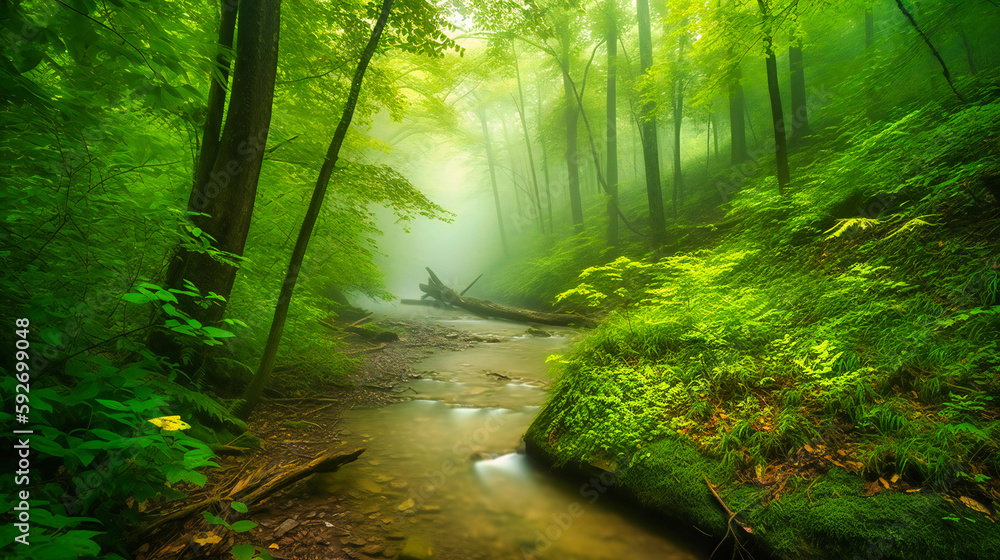 A peaceful stream flowing through a verdant forest on a misty morning