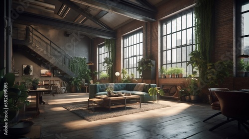 Modern Luxury Home Interior Background with Lots of Plants, Lofi Interior Generative AI © vipcrew