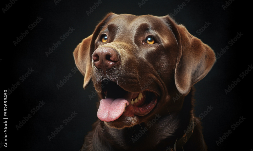 Happy puppy dog smiling on isolated black dark background. Studio shot dog. Dramatic lighting. Generative AI.