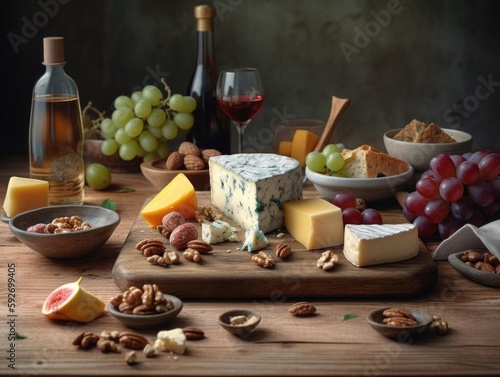photorealistic gourmet cheese platter image with multiple cheeses and accompaniments.