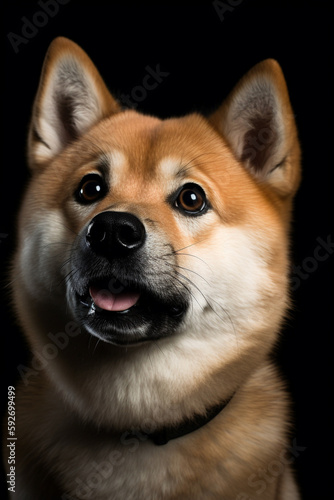 Happy puppy dog smiling on isolated black dark background. Studio shot dog. Dramatic lighting. Generative AI.