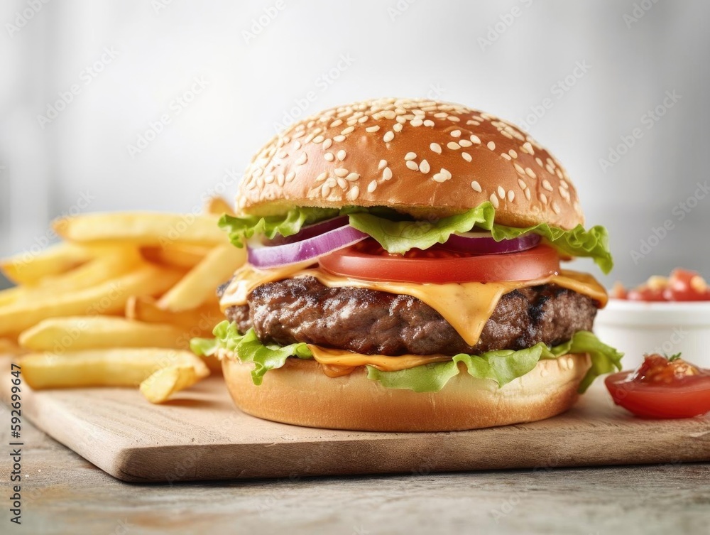 A Delicious Hamburger and Fries Served in Modern Style. A Delicious Hamburger and Fries Served in Modern Style.