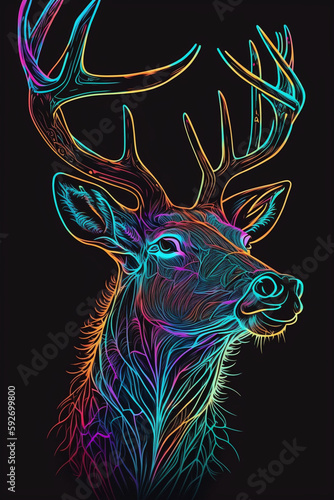 a deer head with neon colored lights on it. generative ai.