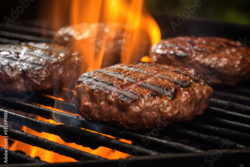 grilled hamburger meat while cooking on fire. Ai generative