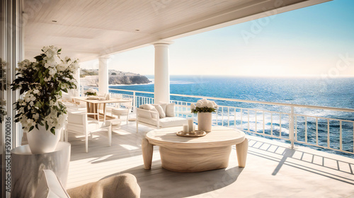 An exquisite image of an elegant seaside terrace, providing a spectacular setting for relaxation and enjoying the stunning ocean views