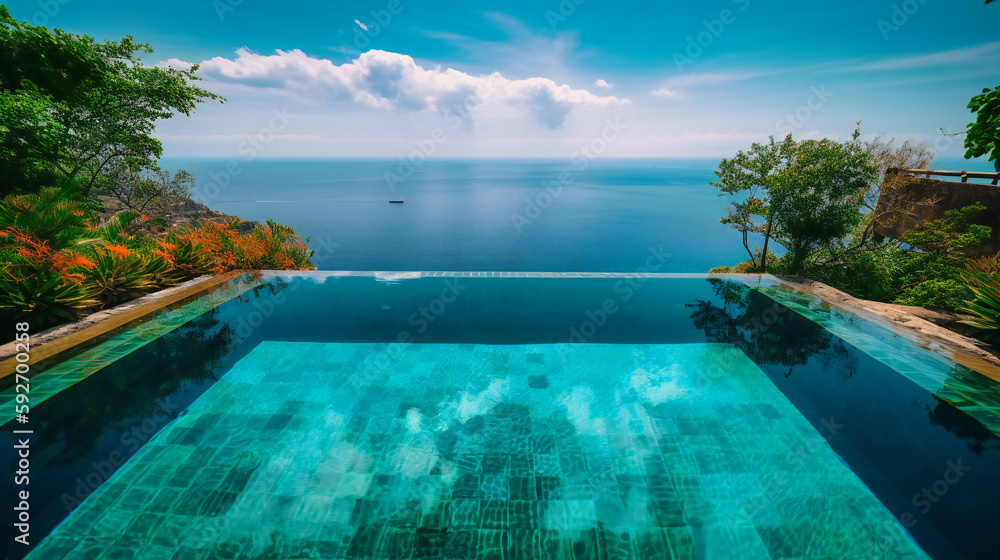 An eye-catching image of a magnificent infinity pool blending seamlessly with the ocean, set within a luxurious summer villa