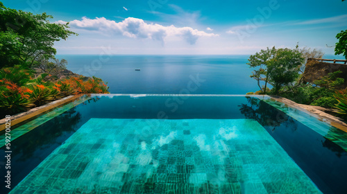 An eye-catching image of a magnificent infinity pool blending seamlessly with the ocean  set within a luxurious summer villa