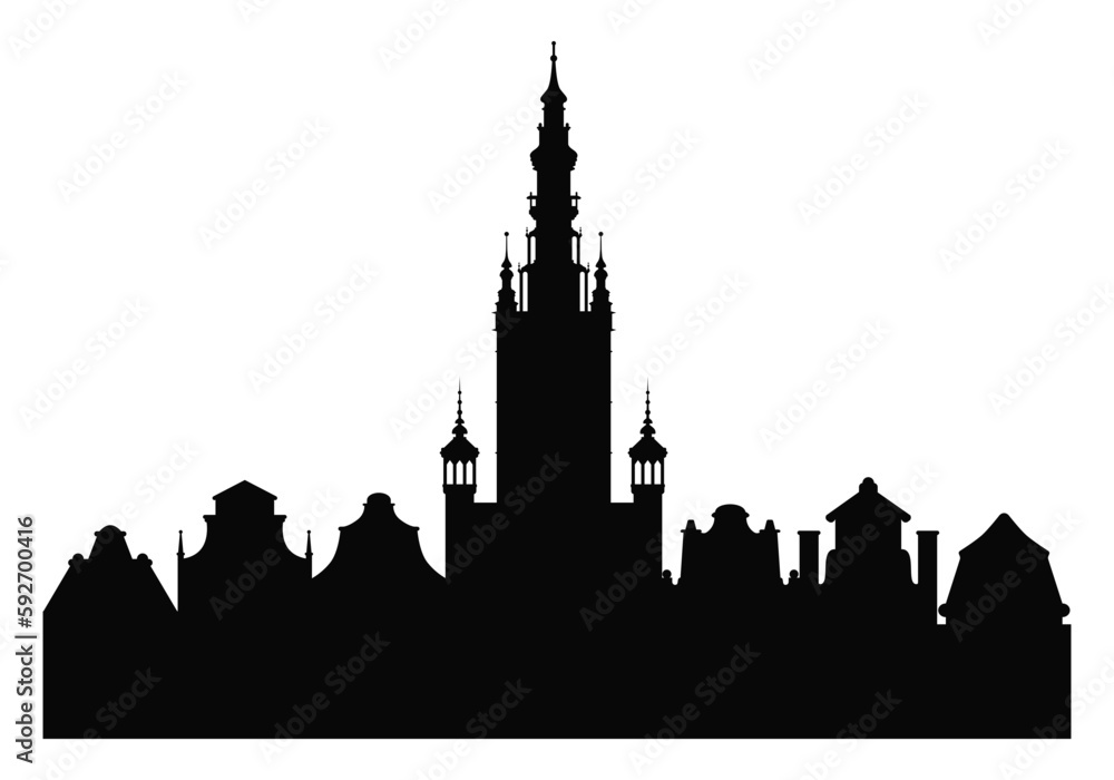 Silhouette of a European city. A Gothic temple. Poland. Gdansk