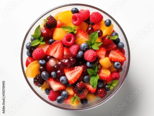 Colorful fruit salad in a glass bowl  top-down shot  with a touch of sophistication.