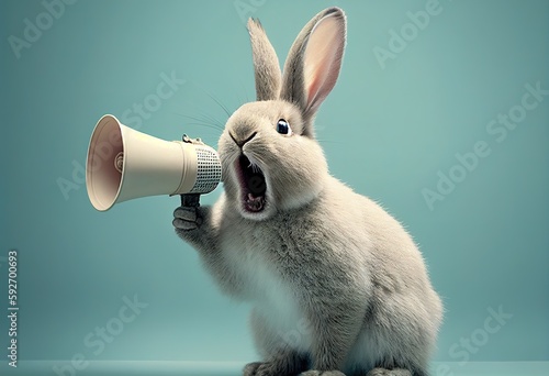 Rabbit screams into the loudspeaker illustration. AI generative. photo
