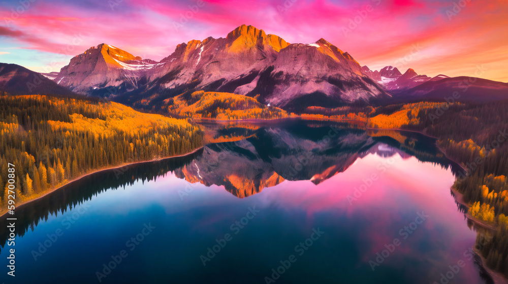 A crystal-clear lake reflecting the vibrant colors of a sunset amidst towering mountains