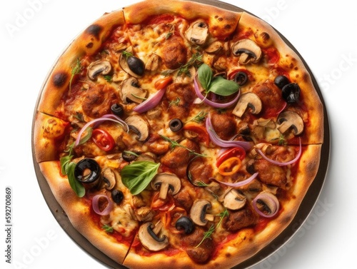 Top-Down Shot of Gourmet Pizza with Variety of Toppings