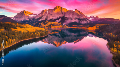 A crystal-clear lake reflecting the vibrant colors of a sunset amidst towering mountains