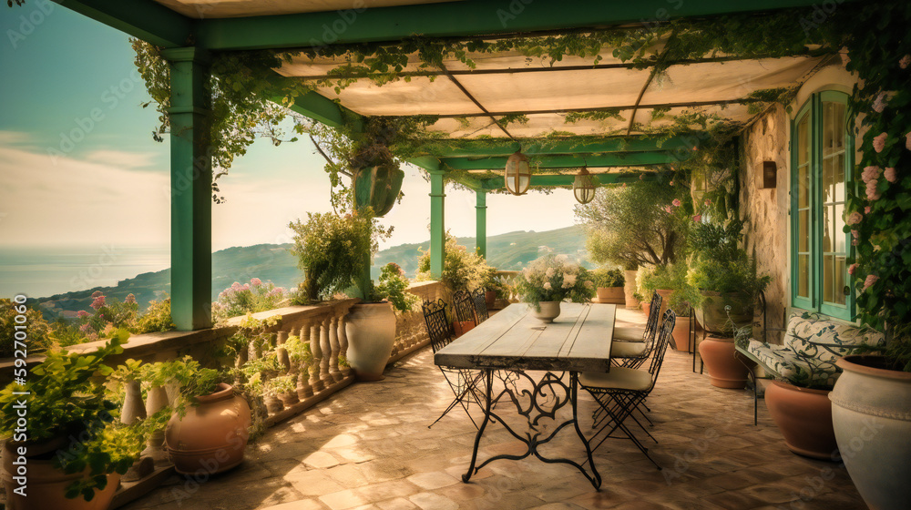 An alluring image of a charming terrace at a summer villa, showcasing breathtaking views of the ocean and surrounding natural beauty