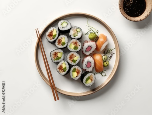 "Appetizing Plate of Sushi in Top-Down Shot"