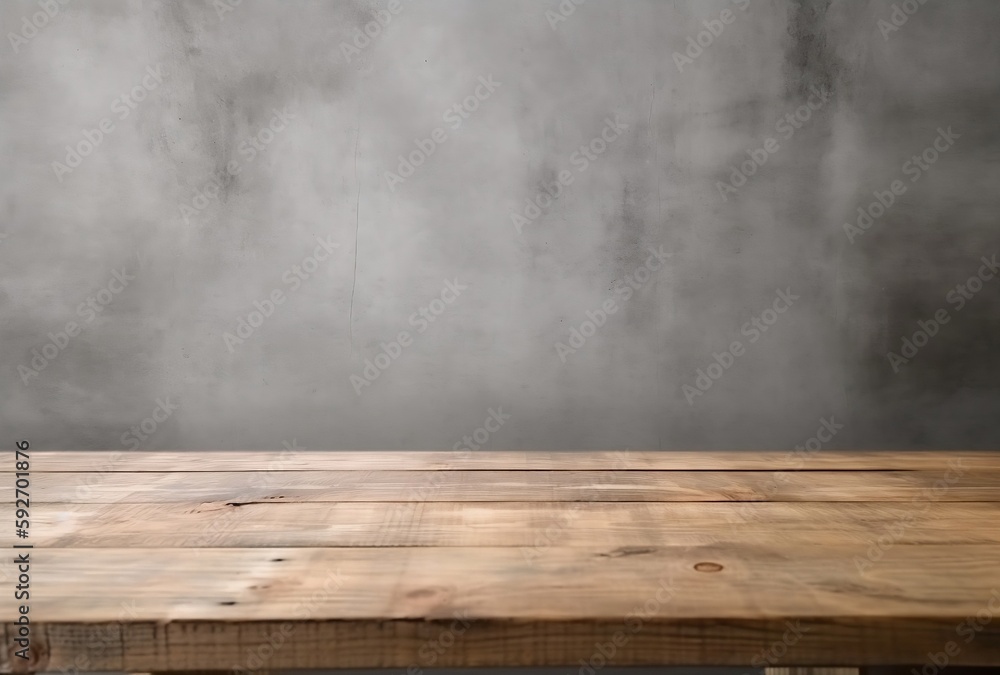 Empty wooden table with concrete wall. Created using generative AI Empty wooden table with concrete wall. Created using generative AI