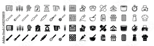 Bakery icons vector set in line and flat style. Oven, rolling pin, wheat, flour, timer, microwave, whisk, spatula, shop, utensile, scale, milk, chef hat, measuring cup and other. Vector illustration
