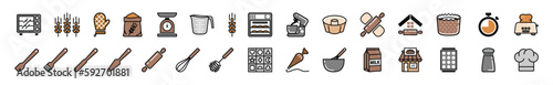 Bakery icons vector set in color style. Oven, rolling pin, wheat, flour, shop, scale, timer, microwave, whisk, spatula, brush, utensile, milk, chef hat, measuring cup and other. Vector illustration