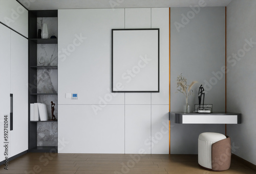 interior view with table , mockup frame and wardrobe