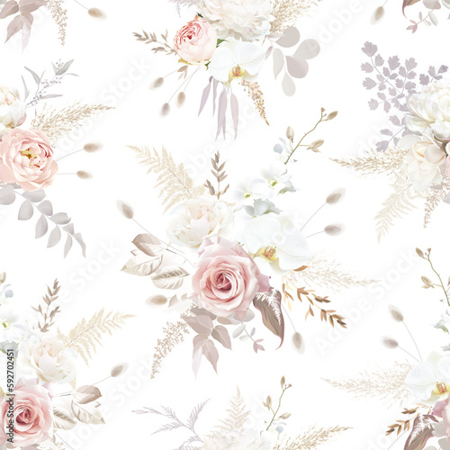 Boho beige and blush trendy vector design seamless pattern. Pastel pampas grass, ivory peony, creamy orchid