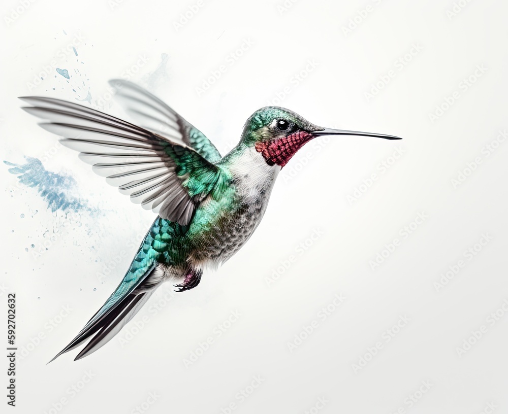 Fototapeta premium Humming bird hovering isolated on a white background. Generative AI