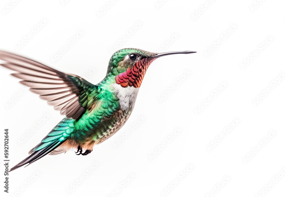 Fototapeta premium Humming bird hovering isolated on a white background. Generative AI