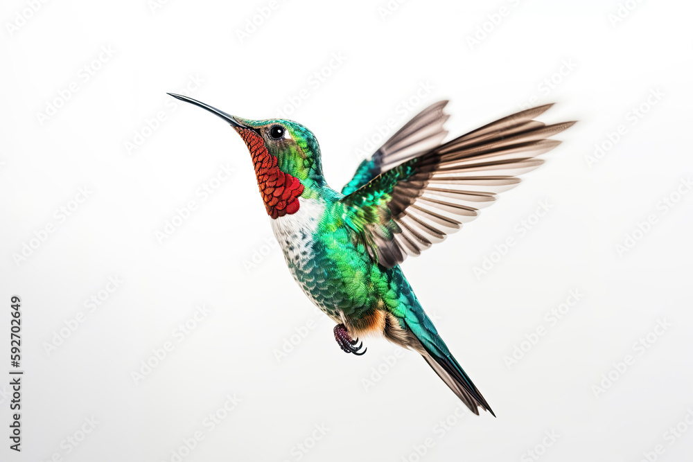 Fototapeta premium Humming bird hovering isolated on a white background. Generative AI