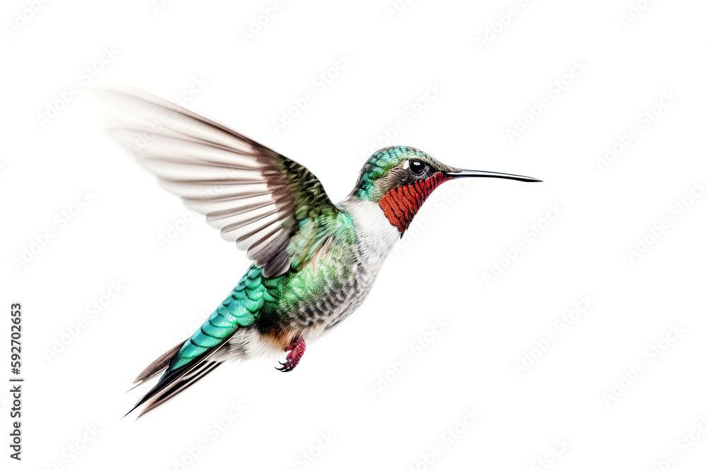 Fototapeta premium Humming bird hovering isolated on a white background. Generative AI