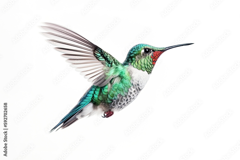 Obraz premium Humming bird hovering isolated on a white background. Generative AI