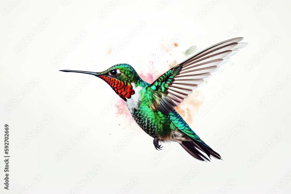 Fototapeta premium Humming bird hovering isolated on a white background. Generative AI