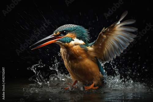 Common Kingfisher (Alcedo atthis) flying away after diving for fish. Generative AI