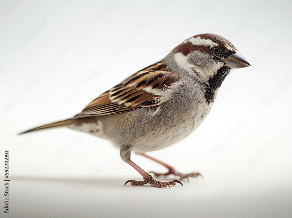 Cute sparrow on a white backgound. Small bird. Generative AI Cute sparrow on a white backgound. Small bird. Generative AI