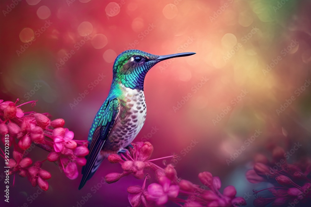 Fototapeta premium Humming bird hovering over colorful, pollen filled flowers. Generative AI
