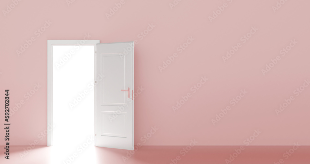 Open the door. Symbol of new career, opportunities, business ventures and initiative. Business concept. 3d render, white light inside open door isolated on cream background. Modern minimal concept. Open the door. Symbol of new career, opportunities, business ventures and initiative. Business concept. 3d render, white light inside open door isolated on cream background. Modern minimal concept.