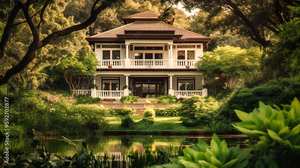 A calming image of a secluded luxury summer villa, surrounded by lush greenery and designed for relaxation and serenity A calming image of a secluded luxury summer villa, surrounded by lush greenery and designed for relaxation and serenity