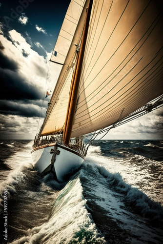 a close up of sailboat sailing on body water. generative ai. photo