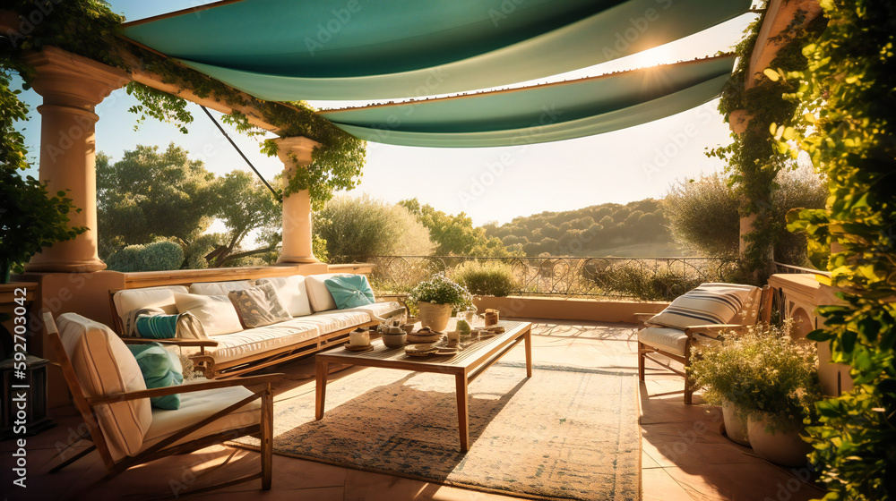 An appealing image of a sunlit terrace in a luxury summer villa, offering a relaxing outdoor space with stunning views