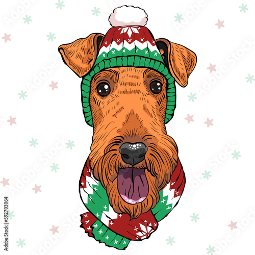 vector fashion hipster dog Airedale Terrier in christmas hat and scarf